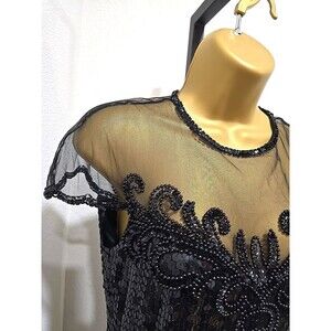 Vintage Nite Line 80s Black Dress 6 Cap Sleeve Sheer Sequin Elegant Illusion